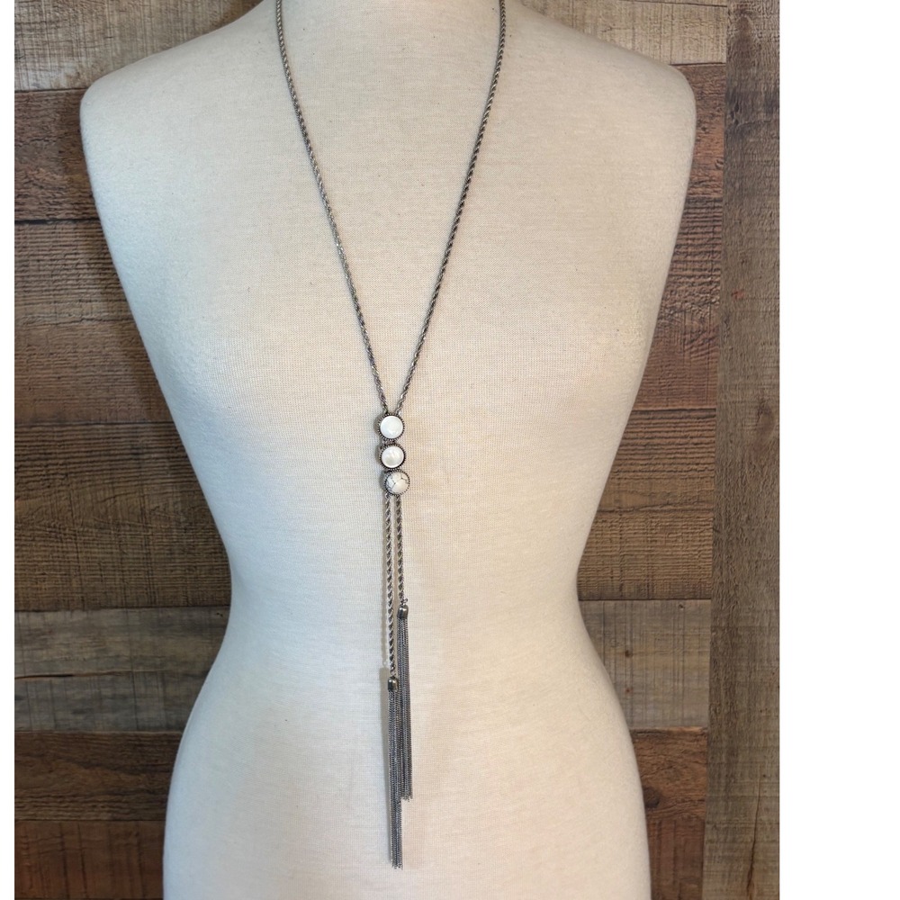 Silver Tone Faux Marble Lariat Tassel Necklace White Stone Rope Chain